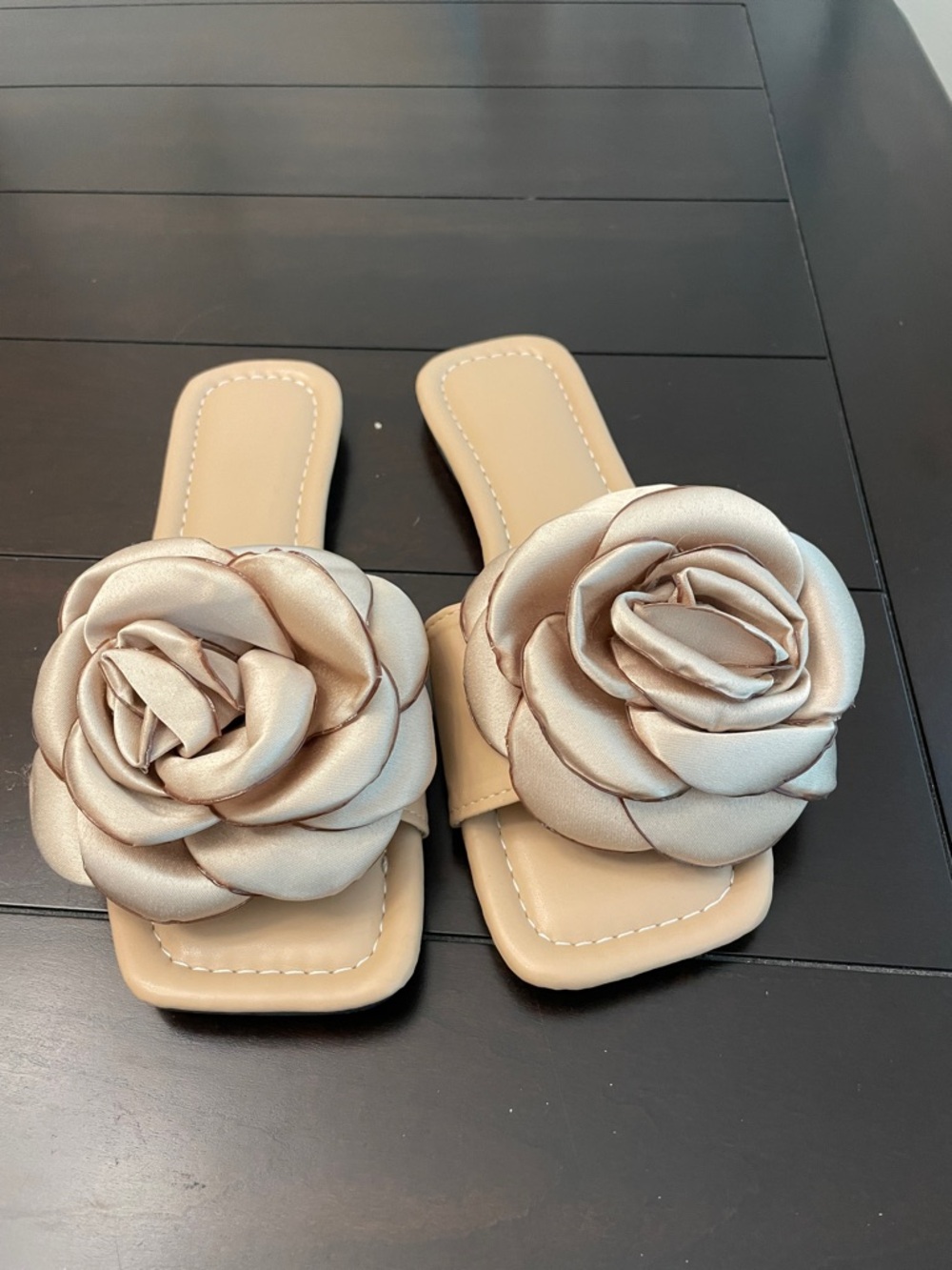 Women’s Beige Floral Slide Mules with Satin Rose